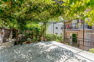 a courtyard of a house with trees and a building at Spacious Central Magik in Kotor