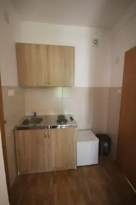 a small kitchen with wooden cabinets and a sink at Apartments Olga in Virpazar