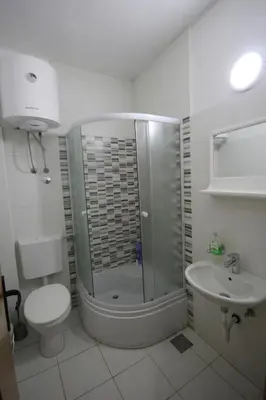 a bathroom with a shower and a toilet and a sink at Apartments Olga in Virpazar