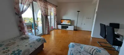 a living room with a bed and a television at Apartments Pines in Bar