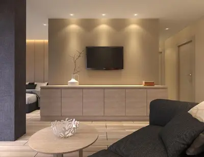 a living room with a couch and a tv on a wall at Twister Apartments in Budva