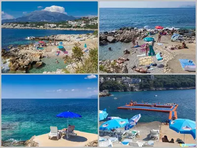 four different pictures of a beach with chairs and umbrellas at Open Sea Apartments in Utjeha