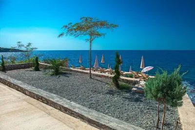 a beach with chairs and a tree and the ocean at Open Sea Apartments in Utjeha