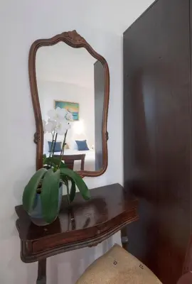a vase of flowers on a table in front of a mirror at Mediterranean Guest House Balkan in Budva