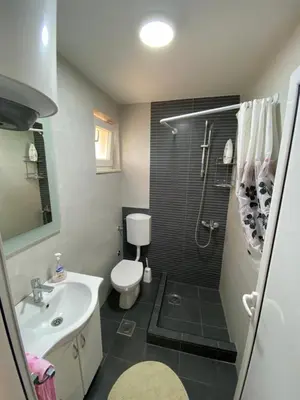 a bathroom with a shower and a toilet and a sink at Dajkovic Apartmani in Bar