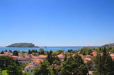 a view of a town with the ocean in the background at Apartment Obradovic in Budva