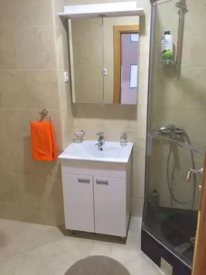 a bathroom with a sink and a shower with a mirror at Apartment Obradovic in Budva