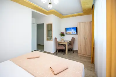 a small room with a bed and a table at Apartment Sofija in Budva