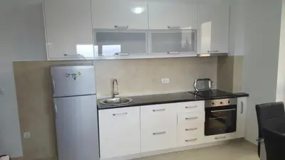a kitchen with a white refrigerator and a sink at Apartment Veselin in Budva