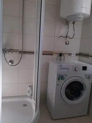 a bathroom with a washing machine and a shower at Apartments Mirković in Cetinje
