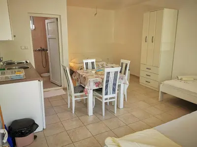 a kitchen with a table and chairs in a kitchen at Guest House Levant in Čanj