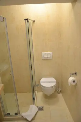 a bathroom with a toilet and a glass shower at Apartmani Art Karampana in Kotor