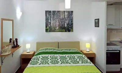 a bedroom with a green bed with two lamps at Apartments Zezelj in Sveti Stefan
