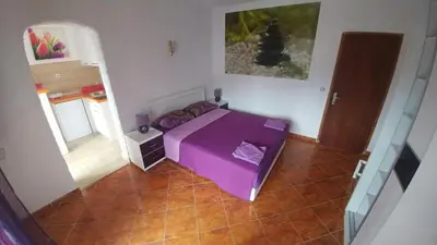 a small bedroom with a purple bed and a mirror at Apartman Bećir in Budva