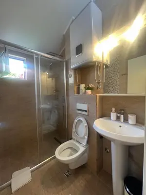 a bathroom with a toilet and a sink and a shower at Apartmani Raskovic in Budva