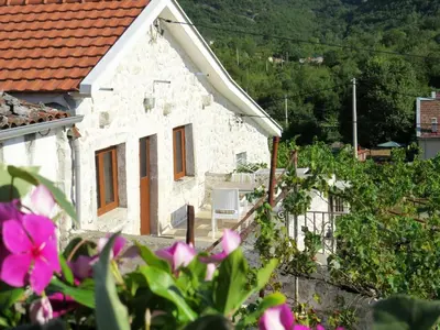 a white house with pink flowers in front of it at Estate & Winery San Duyevo in Rijeka Crnojevića