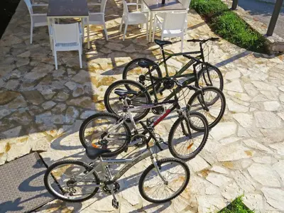 a group of bikes parked next to a table and chairs at Estate & Winery San Duyevo in Rijeka Crnojevića