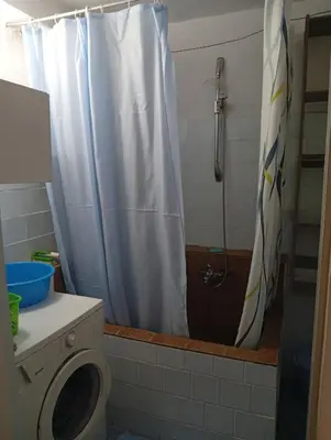 a bathroom with a shower curtain and a toilet at Apartment Radovic in Kotor