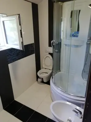 a bathroom with a toilet and a shower and a sink at Apartman Marinkovic in Dobra Voda