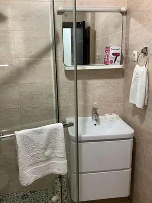 a bathroom with a shower and a sink and a mirror at Apartments Kaladjurdjevic in Budva