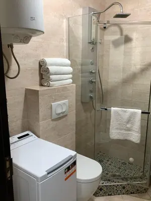 a bathroom with a shower and a toilet and towels at Apartments Kaladjurdjevic in Budva