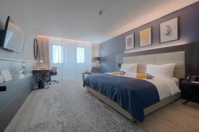 a bedroom with a large bed and a television at voco - Podgorica by IHG in Podgorica