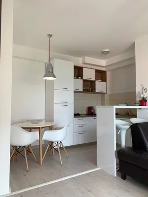 a kitchen and living room with a table and chairs at Urban Apartment in Petrovac na Moru
