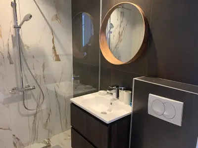 a bathroom with a sink and a shower and a mirror at Urban Apartment in Petrovac na Moru