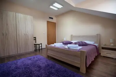 a bedroom with a large bed and a purple rug at Apartman in Danilovgrad