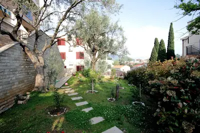 a garden with trees and plants in a yard at Apartments Drašković Mirišta in Petrovac na Moru