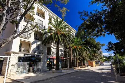 a street with palm trees in front of a building at LuxBeachFront in Petrovac na Moru