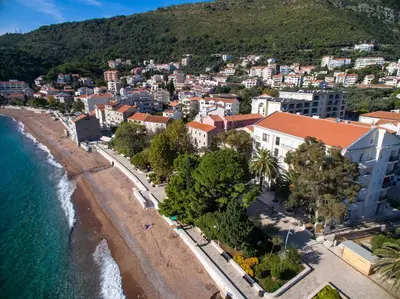 an aerial view of a beach in a city at LuxBeachFront in Petrovac na Moru