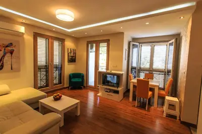 a living room with a couch and a tv at LuxBeachFront in Petrovac na Moru