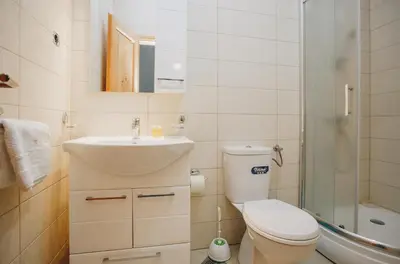 a bathroom with a toilet and a sink and a shower at Eco Winery Lipovac Apartments in Cetinje