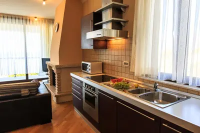 a kitchen with a sink and a stove top oven at Villa Narcissus Montenegro KO Sveti Stefan in Sveti Stefan