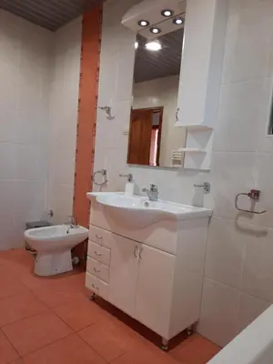 a bathroom with a sink and a toilet and a mirror at Villa Lipski in Sveti Stefan