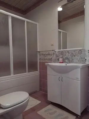 a bathroom with a toilet and a sink and a mirror at Villa Lipski in Sveti Stefan