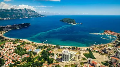an aerial view of a beach and the ocean at Arvala Apartments in Budva