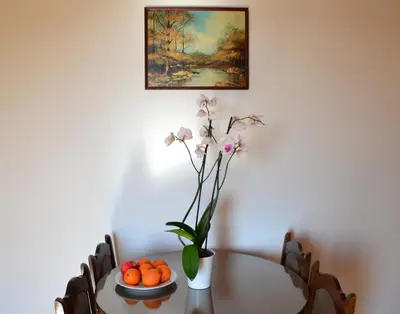 a dining room table with a vase of flowers and oranges at Apartment Matea in Petrovac na Moru