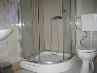 a bathroom with a shower and a toilet at Guest House Vila Mimoza in Ulcinj