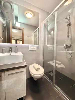 a bathroom with a toilet and a shower and a sink at Apartments Villa Stefan in Budva