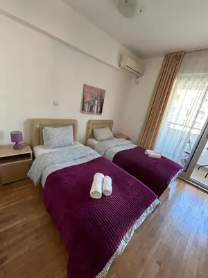 two beds in a room with purple blankets at Apartments Mitende in Budva