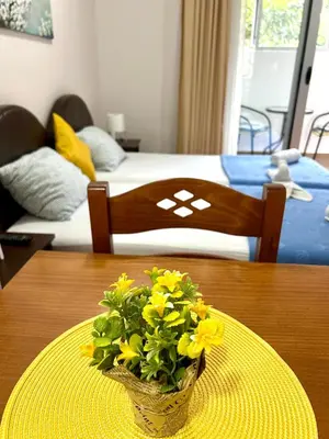 a vase with yellow flowers sitting on a table at Apartments Mitende in Budva