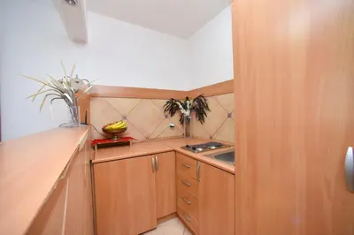 a small kitchen with wooden cabinets and a sink at Bologna Apartments in Budva