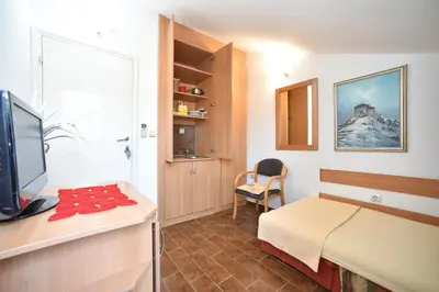 a small room with a bed and a television at Bologna Apartments in Budva