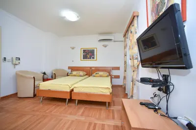 a living room with a bed and a flat screen tv at Bologna Apartments in Budva