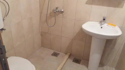 a bathroom with a shower with a sink and a toilet at Apartments 3ADE in Ulcinj