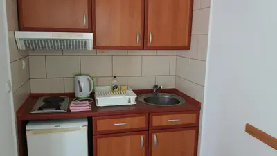 a small kitchen with wooden cabinets and a sink at Apartments 3ADE in Ulcinj