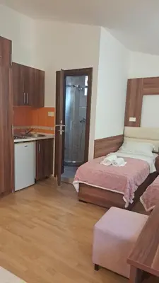 a bedroom with a bed and a kitchen with a sink at Apartments and Rooms Villa Gaga 3 in Budva