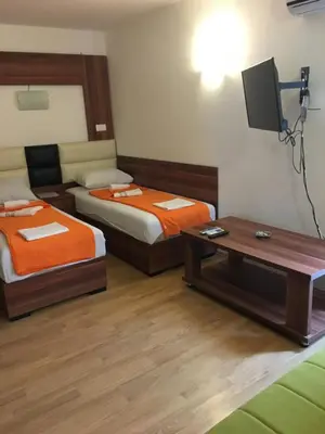 a room with two beds and a table and a tv at Apartments and Rooms Villa Gaga 3 in Budva